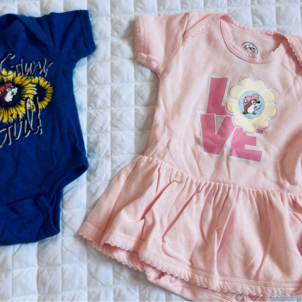 Buc-ee’s Pink Love Dress and Blue Graphic Onesie